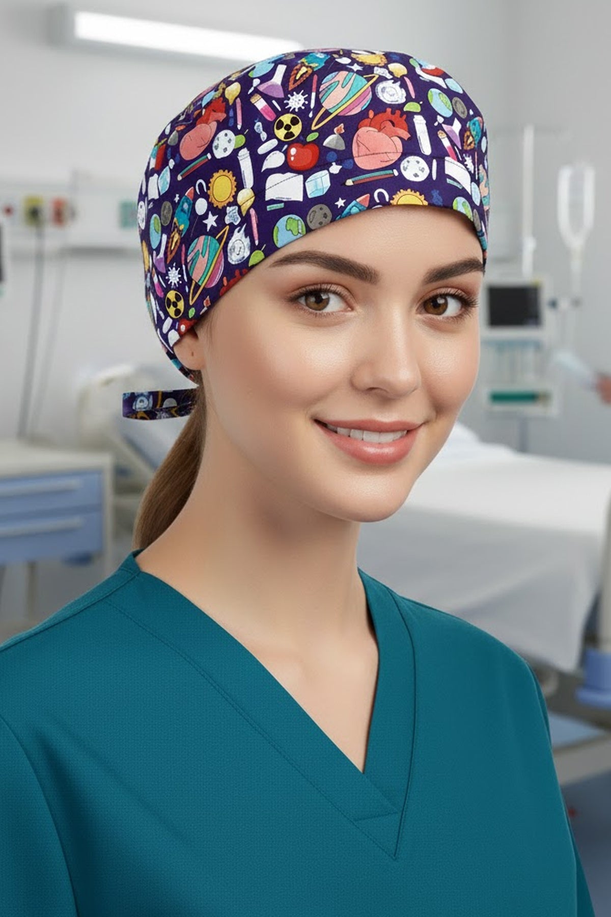 Medikal Lacivert Kalpli Desenli Cerrahi Bone Unisex – Likralı Doktor Hemşire Bonesi