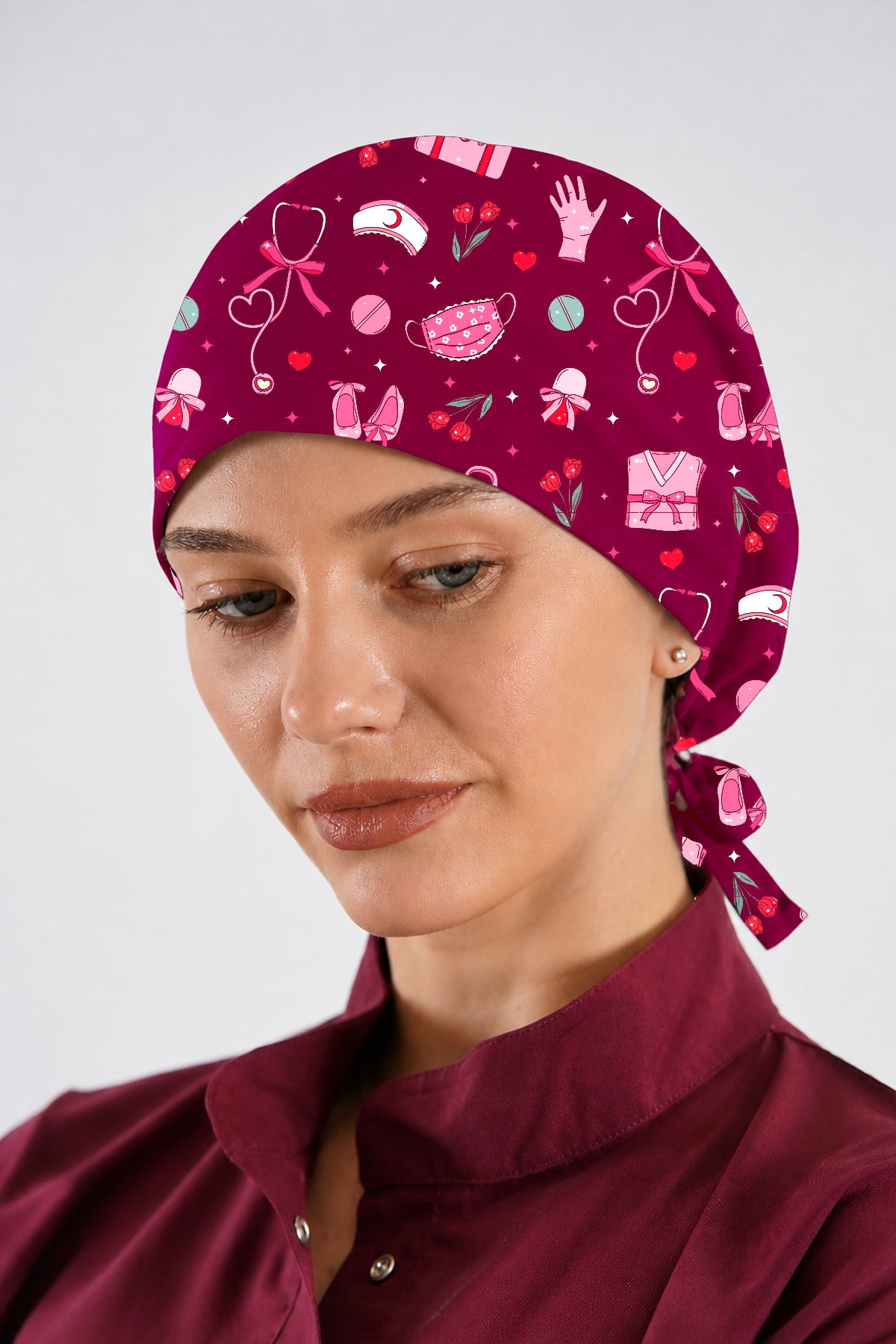 Pembe Stetoskop Desenli Unisex Cerrahi Bone Hemşire ve Doktor Bone