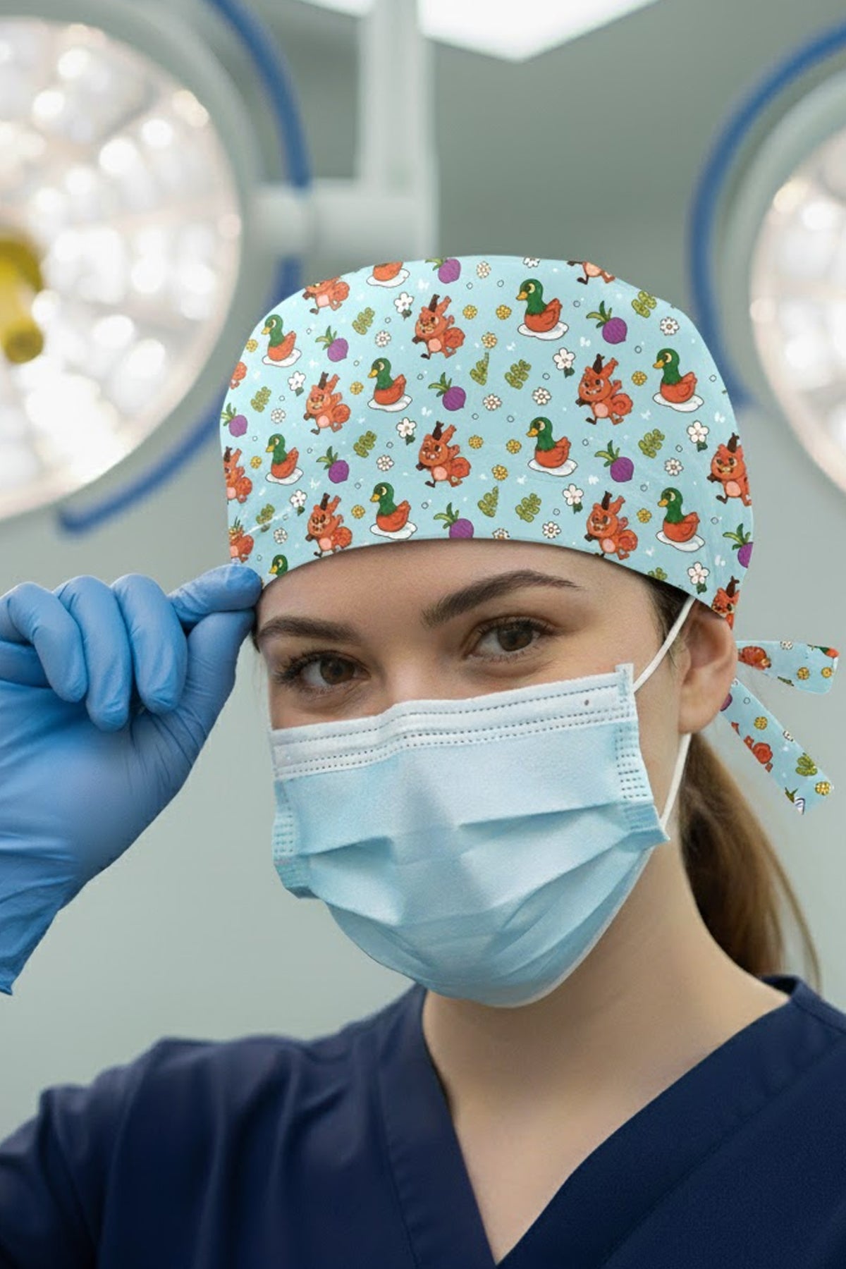 Ördek Sincap Desenli Cerrahi Bone Unisex – Likralı Doktor Hemşire Bonesi