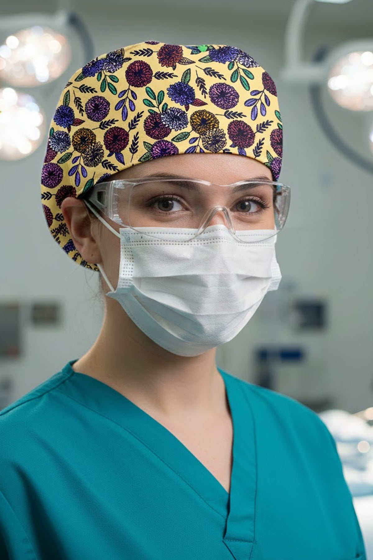 Sarı Kasımpatı Desenli Cerrahi Bone Unisex – Likralı Doktor Hemşire Bonesi
