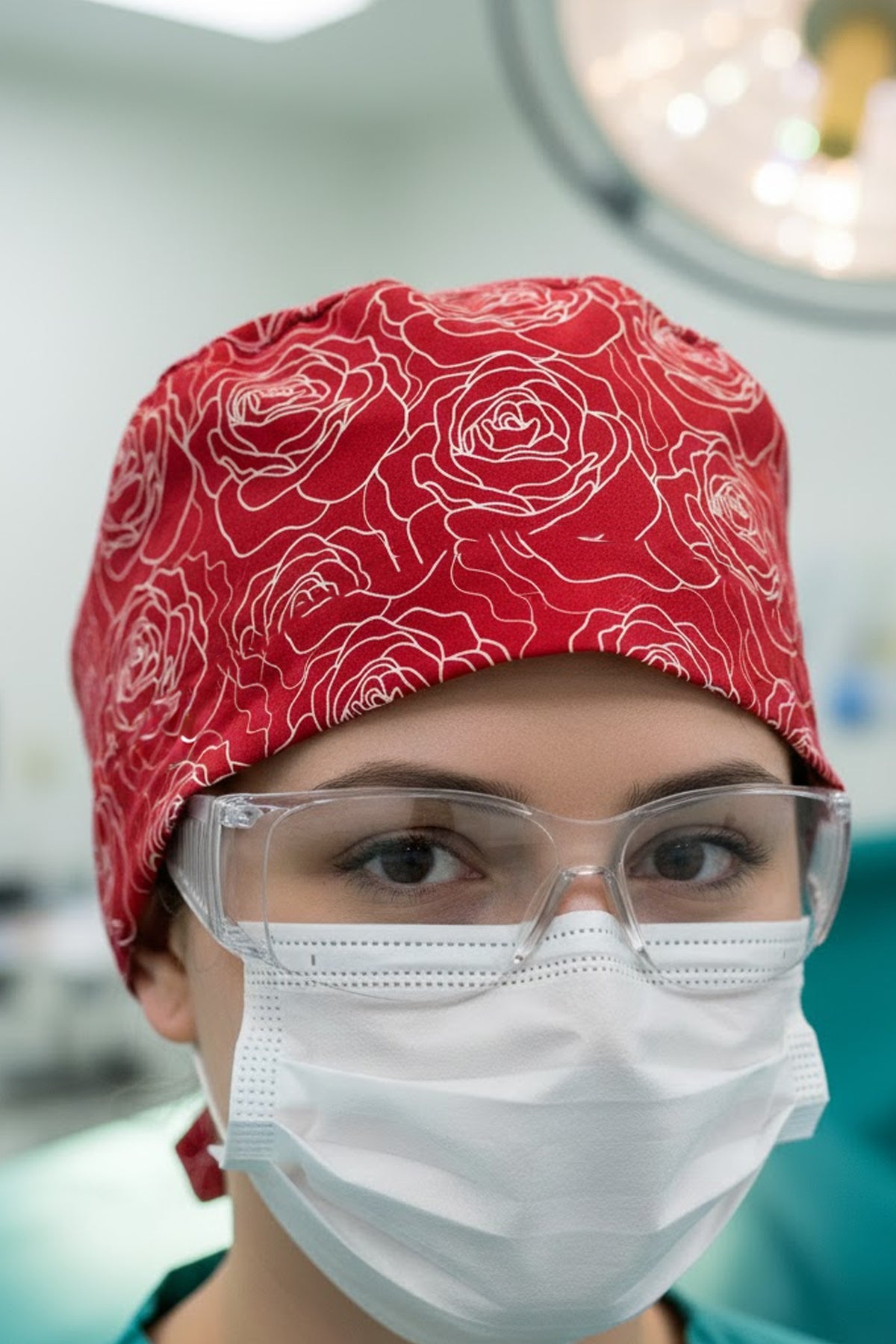 Rose Red Desenli Cerrahi Bone Unisex – Likralı Doktor Hemşire Bonesi