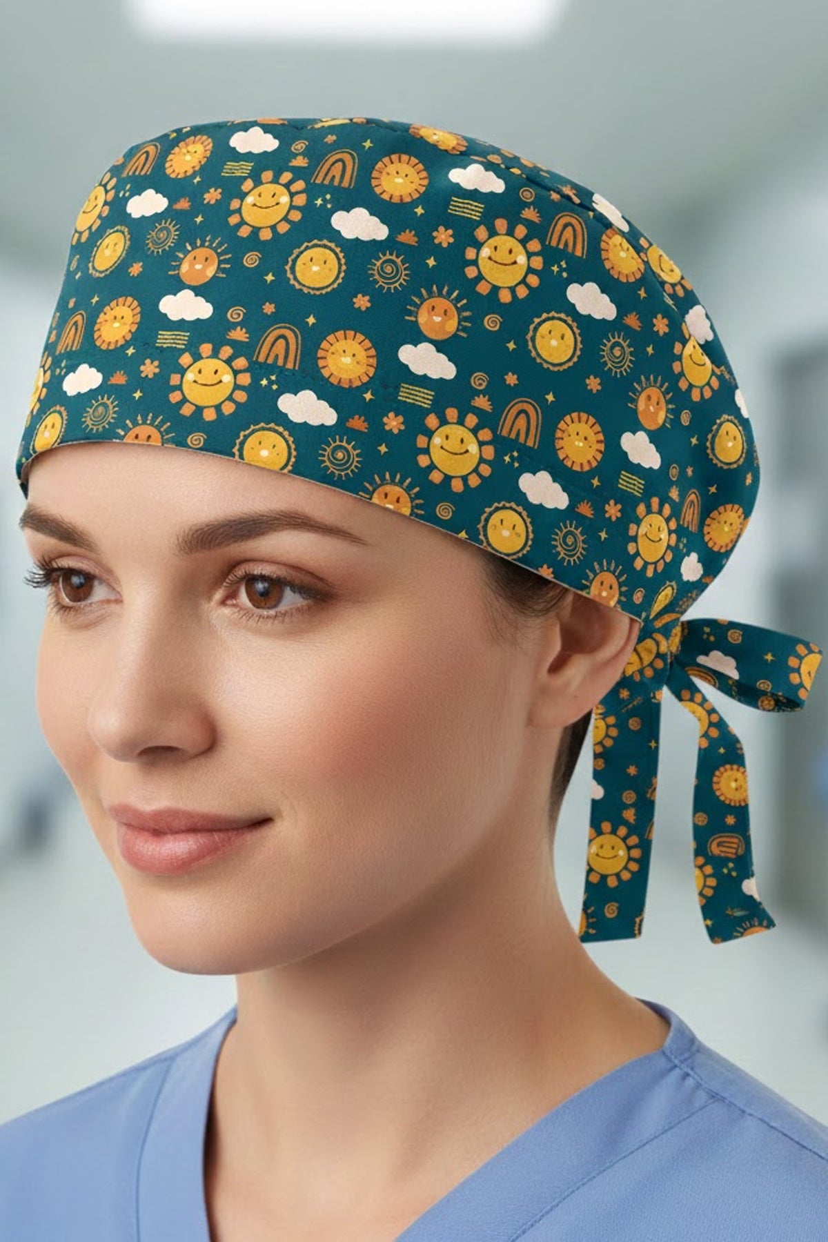 Sun Desenli Cerrahi Bone Unisex – Likralı Doktor Hemşire Bonesi