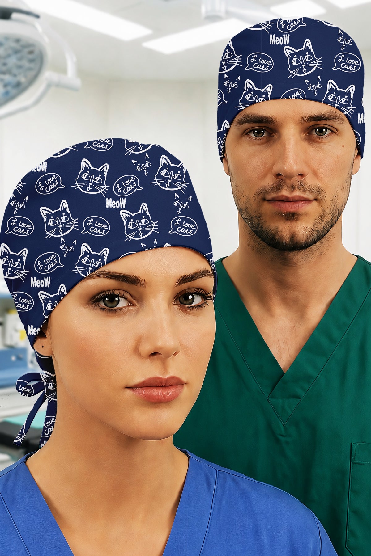 Miyav Mavi Desenli Unisex Cerrahi Bone Hemşire ve Doktor Bone