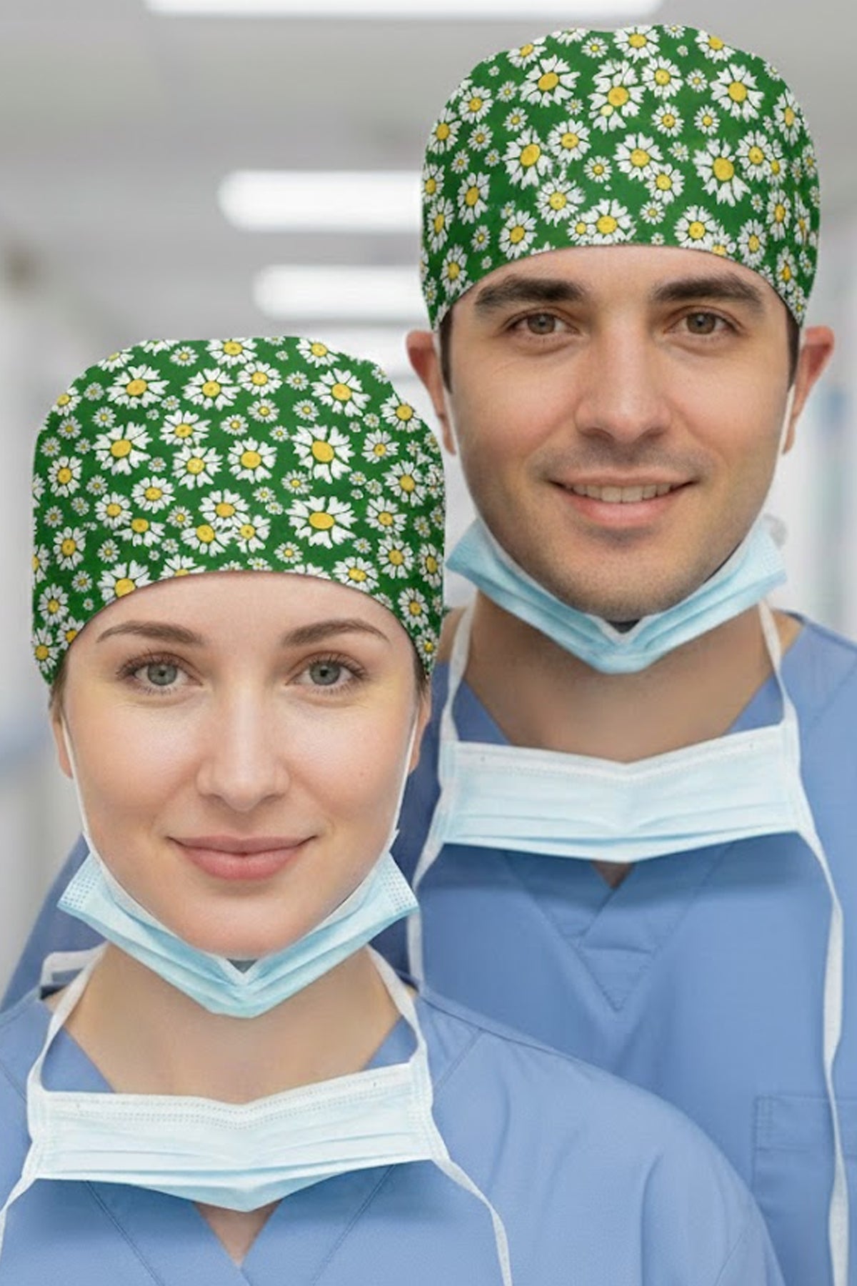 Yeşil Papatya Desenli Cerrahi Bone Unisex – Likralı Doktor Hemşire Bonesi