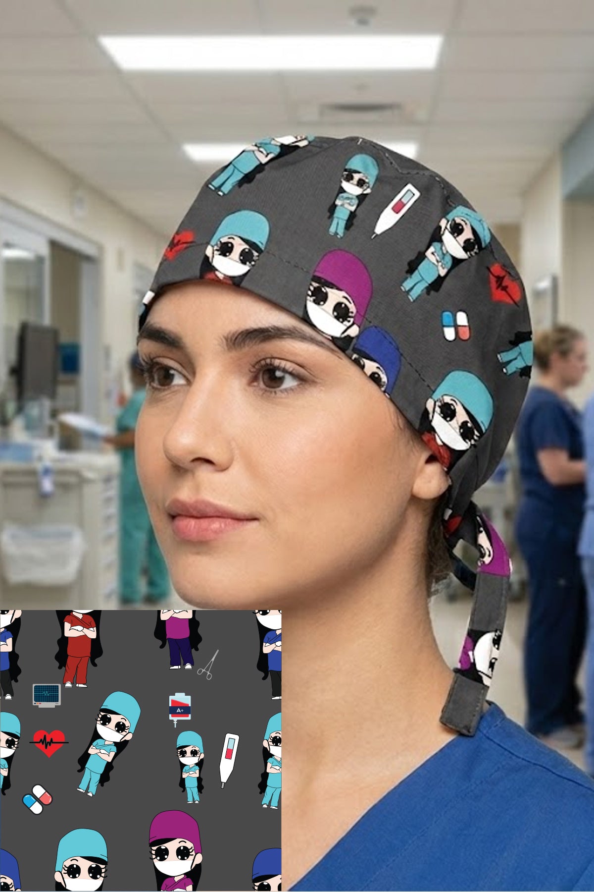 Ponçik Hemşire Desenli Cerrahi Bone Unisex – Likralı Doktor Hemşire Bonesi