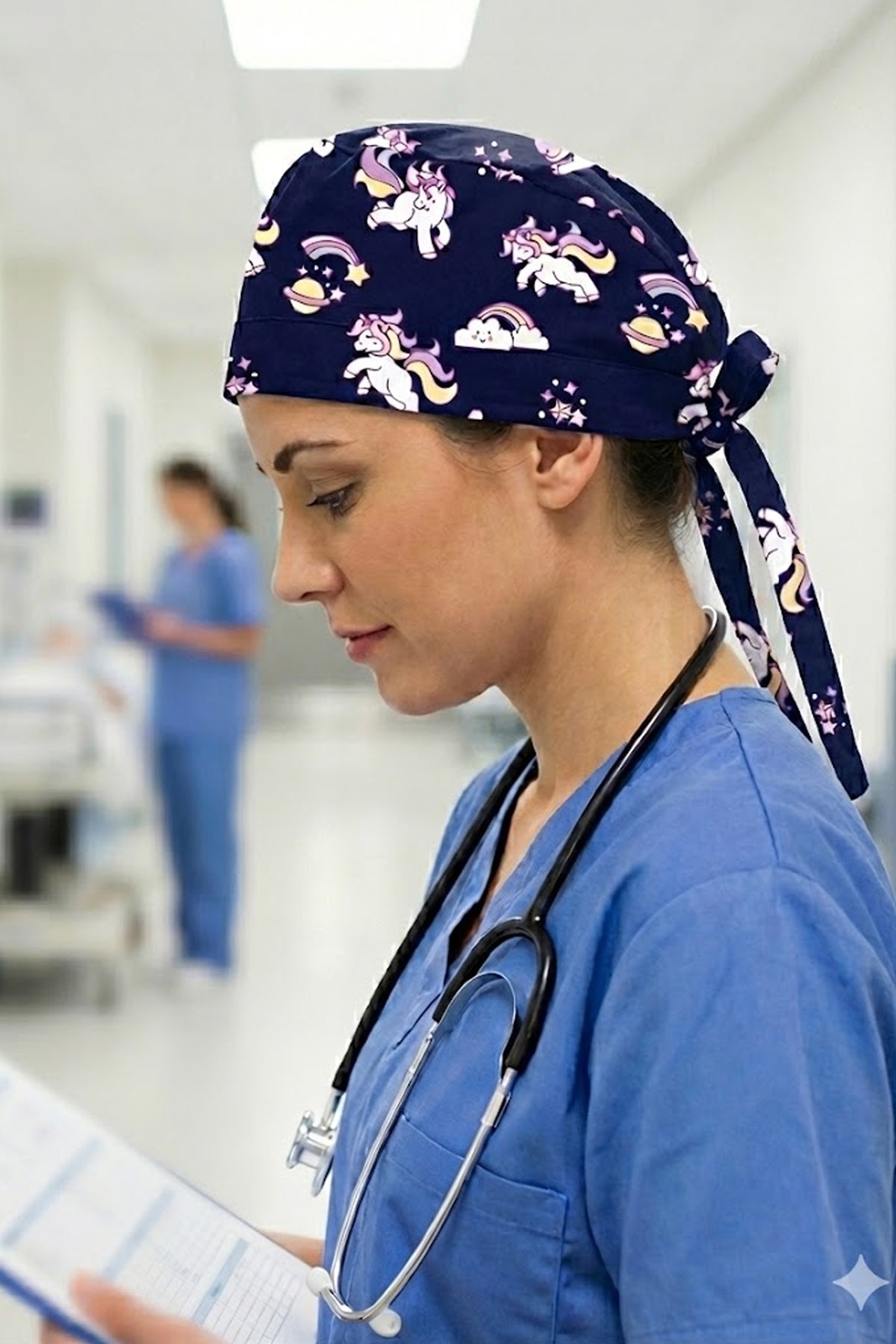 Unicorn Lacivert Desenli Cerrahi Bone Unisex – Likralı Doktor Hemşire Bonesi