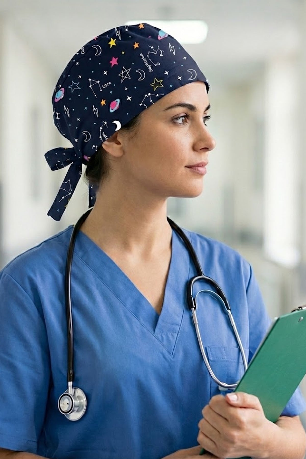Uzay Desenli Cerrahi Bone Unisex – Likralı Doktor Hemşire Bonesi