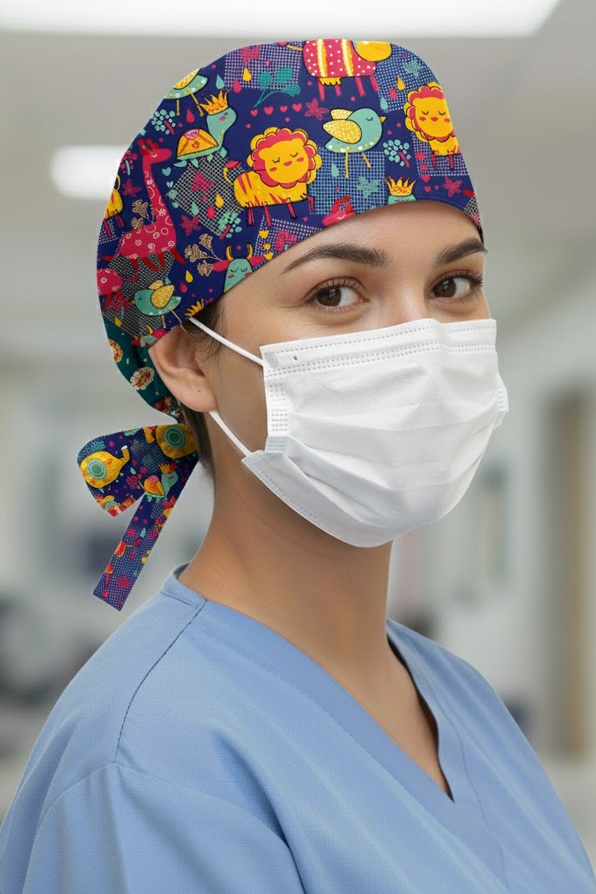 Aslan Fil Desenli Cerrahi Bone Unisex – Likralı Doktor Hemşire Hastane Bonesi Kadın Erkek