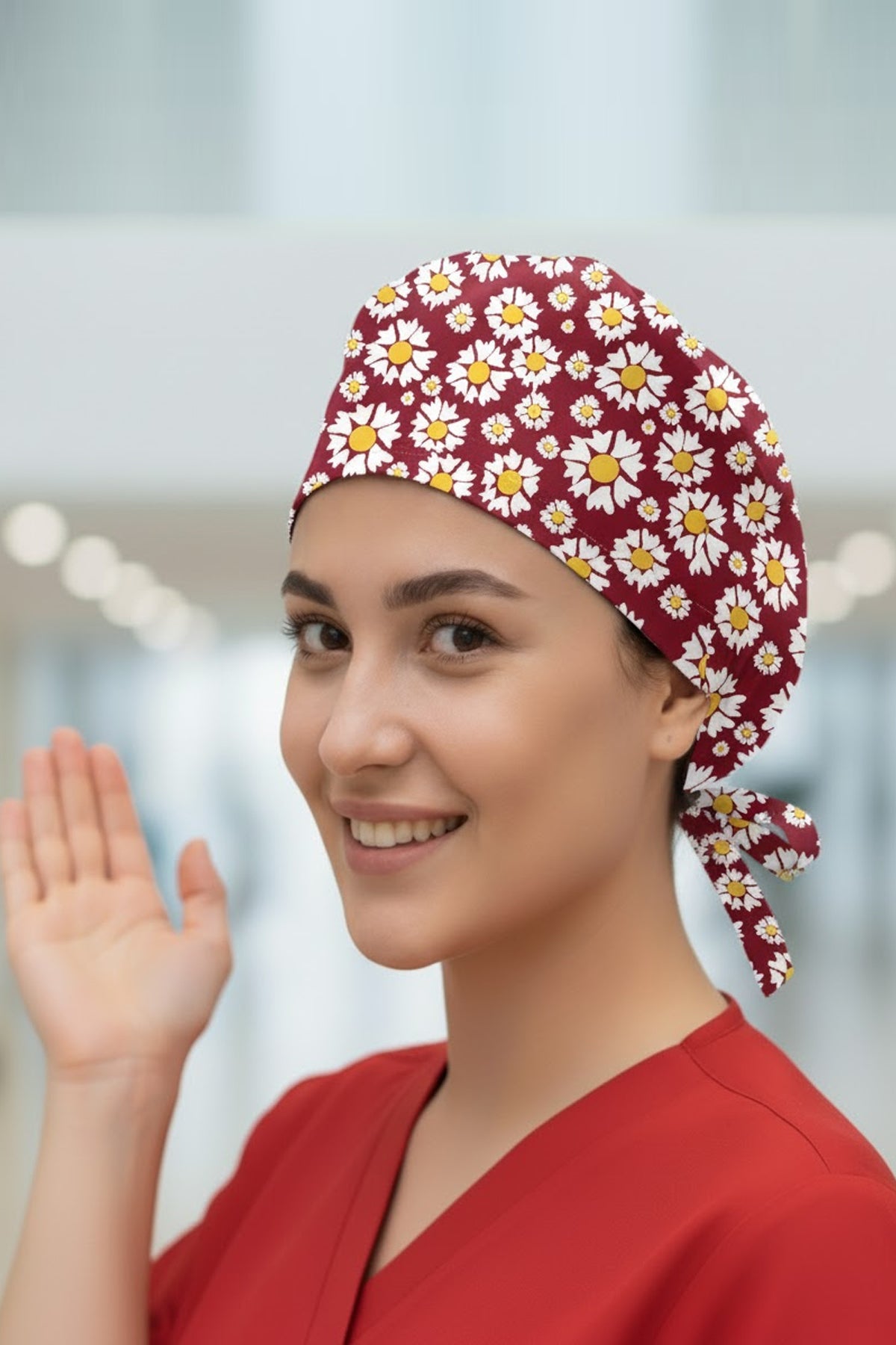 Bordo Papatya Desenli Cerrahi Bone Unisex – Likralı Doktor Hemşire Bonesi