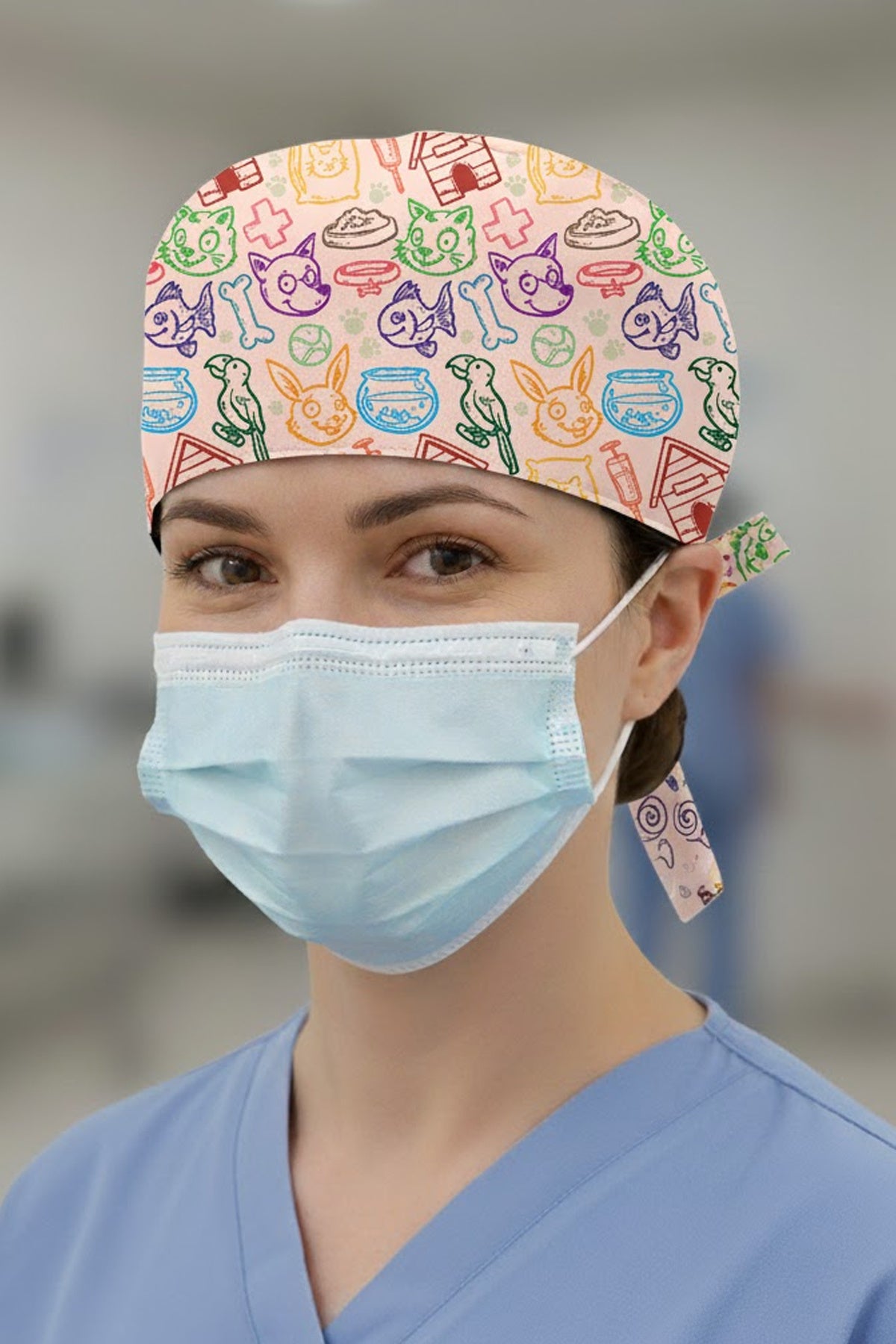Kedi Köpek Desenli Cerrahi Bone Unisex – Likralı Doktor Hemşire Bonesi