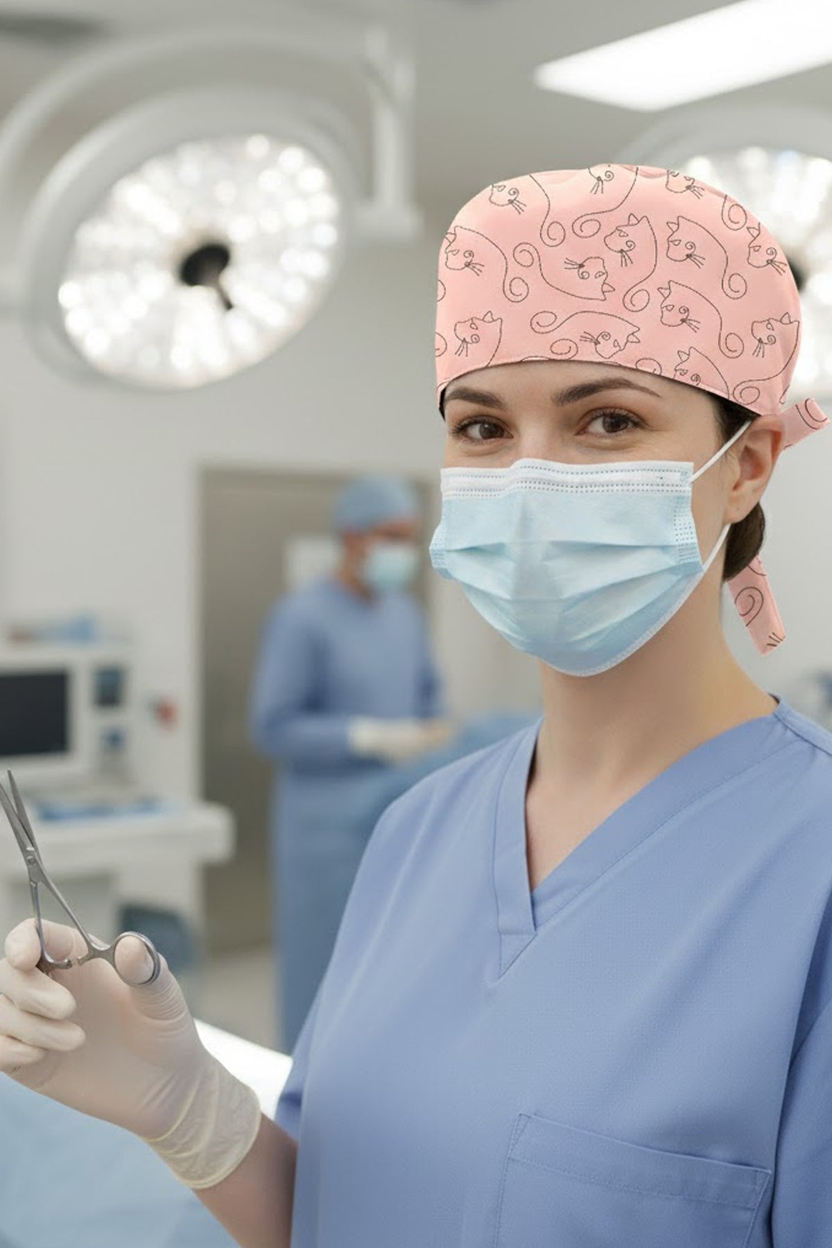 Kedi Line Pudra Desenli Cerrahi Bone Unisex – Likralı Doktor Hemşire Bonesi