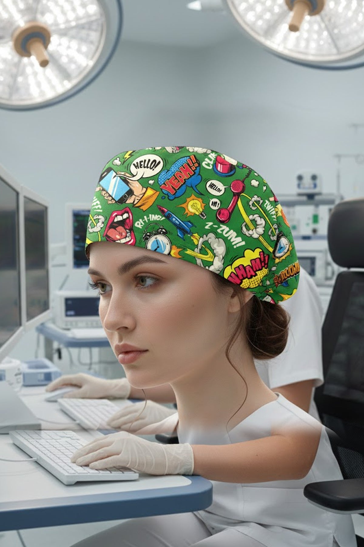 PopArt Desenli Cerrahi Bone Unisex – Likralı Doktor Hemşire Bonesi