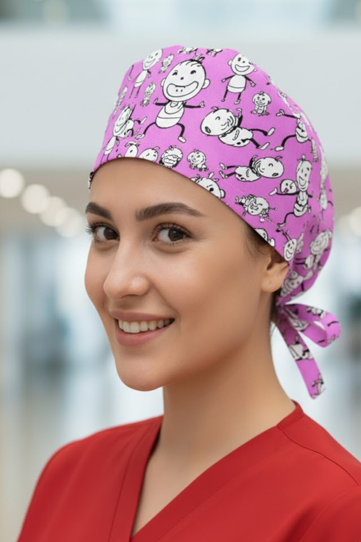 Bebek Pembe Desenli Cerrahi Bone Unisex – Likralı Doktor Hemşire Hastane Bonesi Kadın Erkek