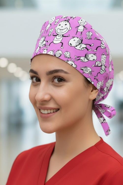 Bebek Pembe Desenli Cerrahi Bone Unisex – Likralı Doktor Hemşire Hastane Bonesi Kadın Erkek