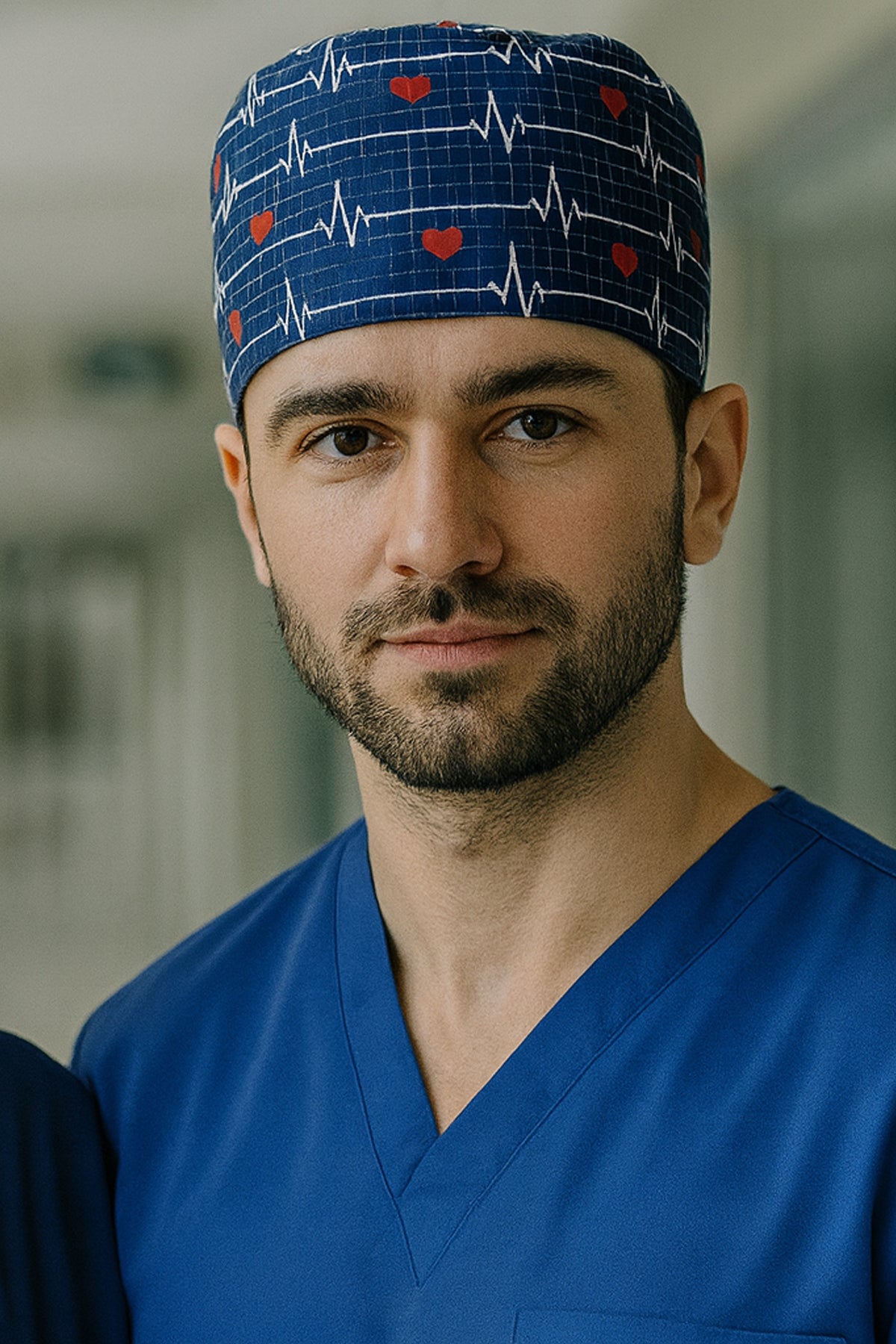 EKG Lacivert Desenli Cerrahi Bone Unisex – Likralı Doktor Hemşire Bonesi