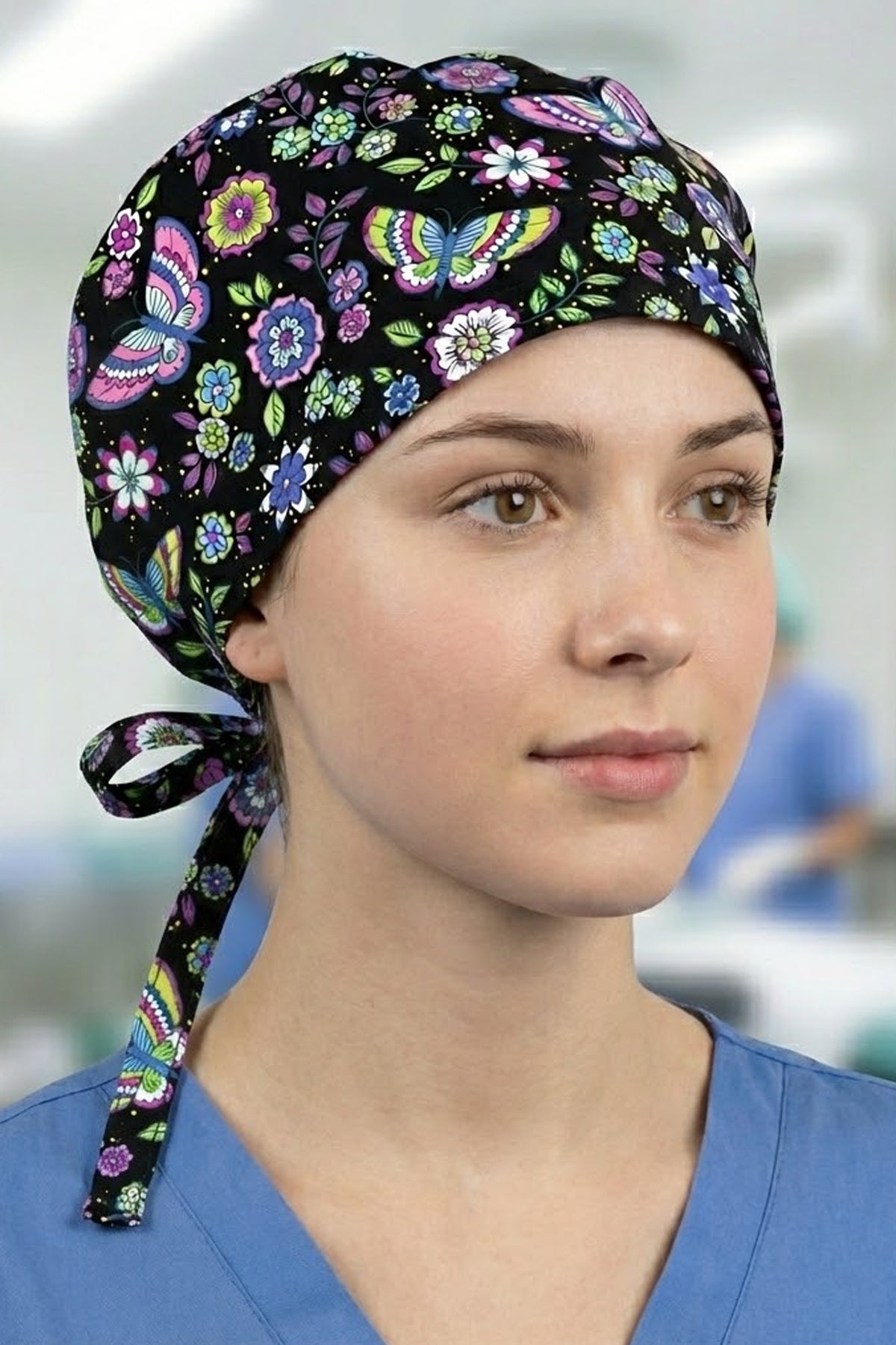 Siyah Kelebek Desenli Cerrahi Bone Unisex – Likralı Doktor Hemşire Bonesi
