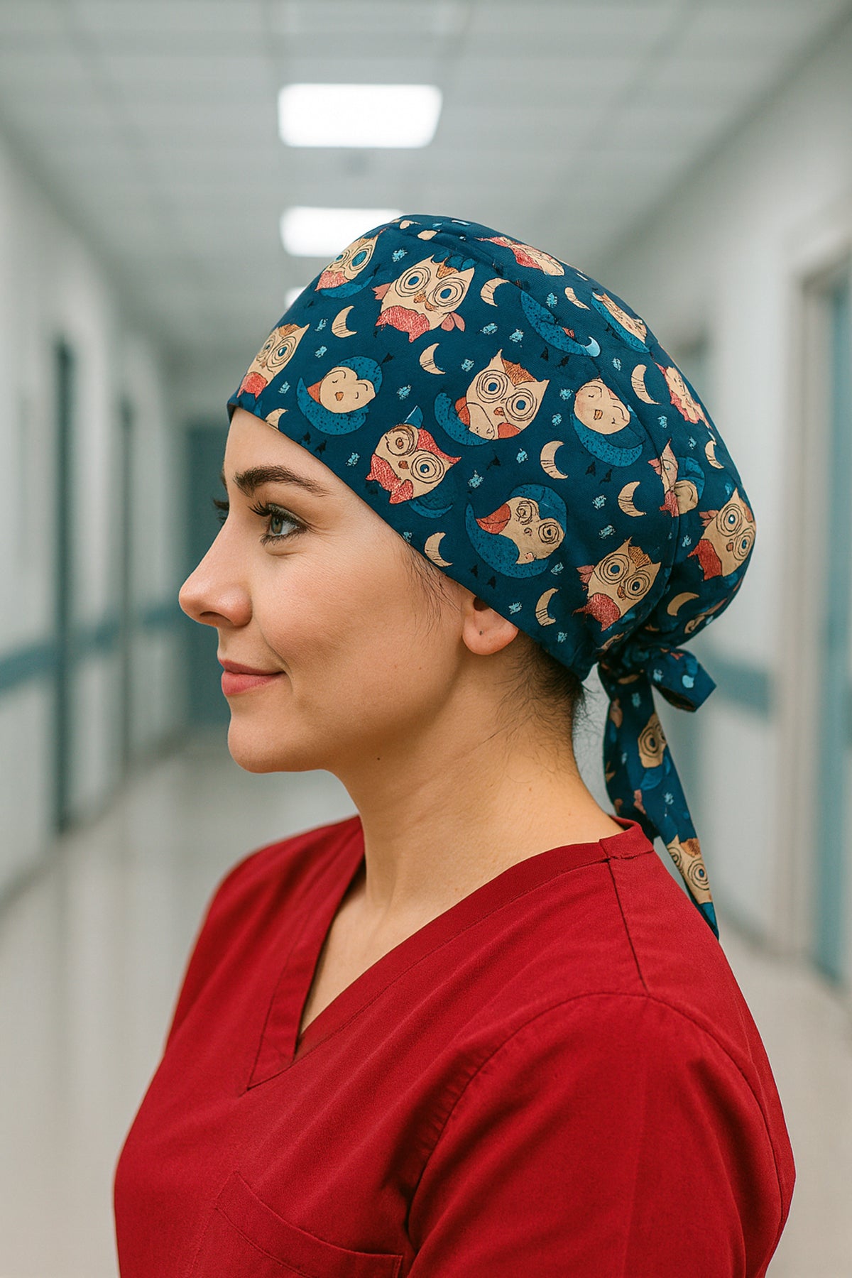 OWL Yeşil Desenli Cerrahi Bone Unisex – Likralı Doktor Hemşire Bonesi