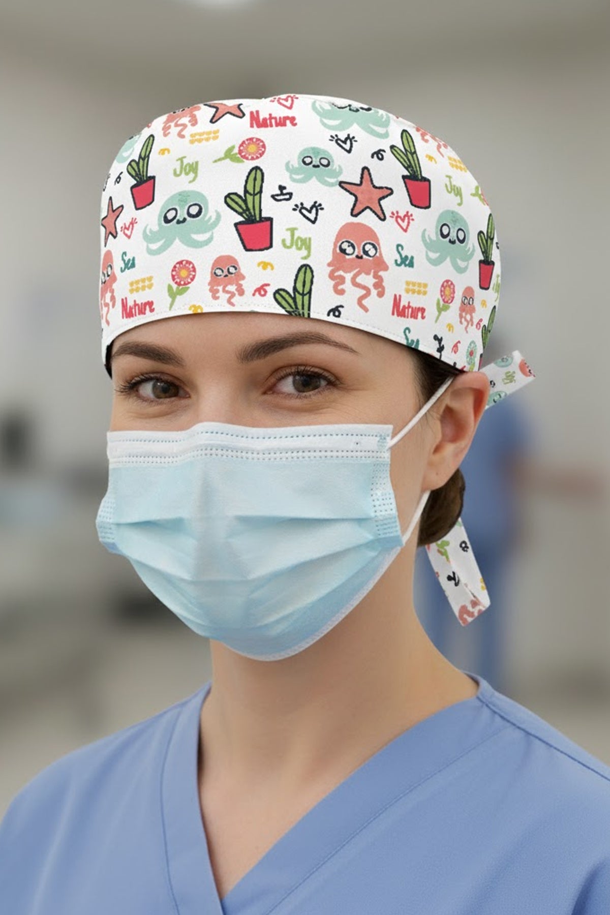 Kaktüs Ahtapot Desenli Cerrahi Bone Unisex – Likralı Doktor Hemşire Bonesi