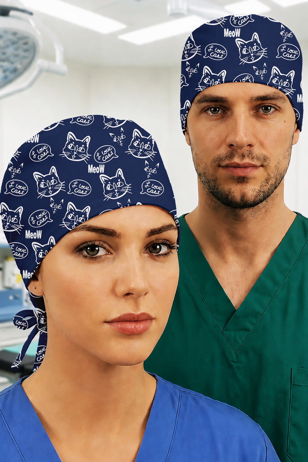 Miyav Mavi Desenli Unisex Cerrahi Bone Hemşire ve Doktor Bone