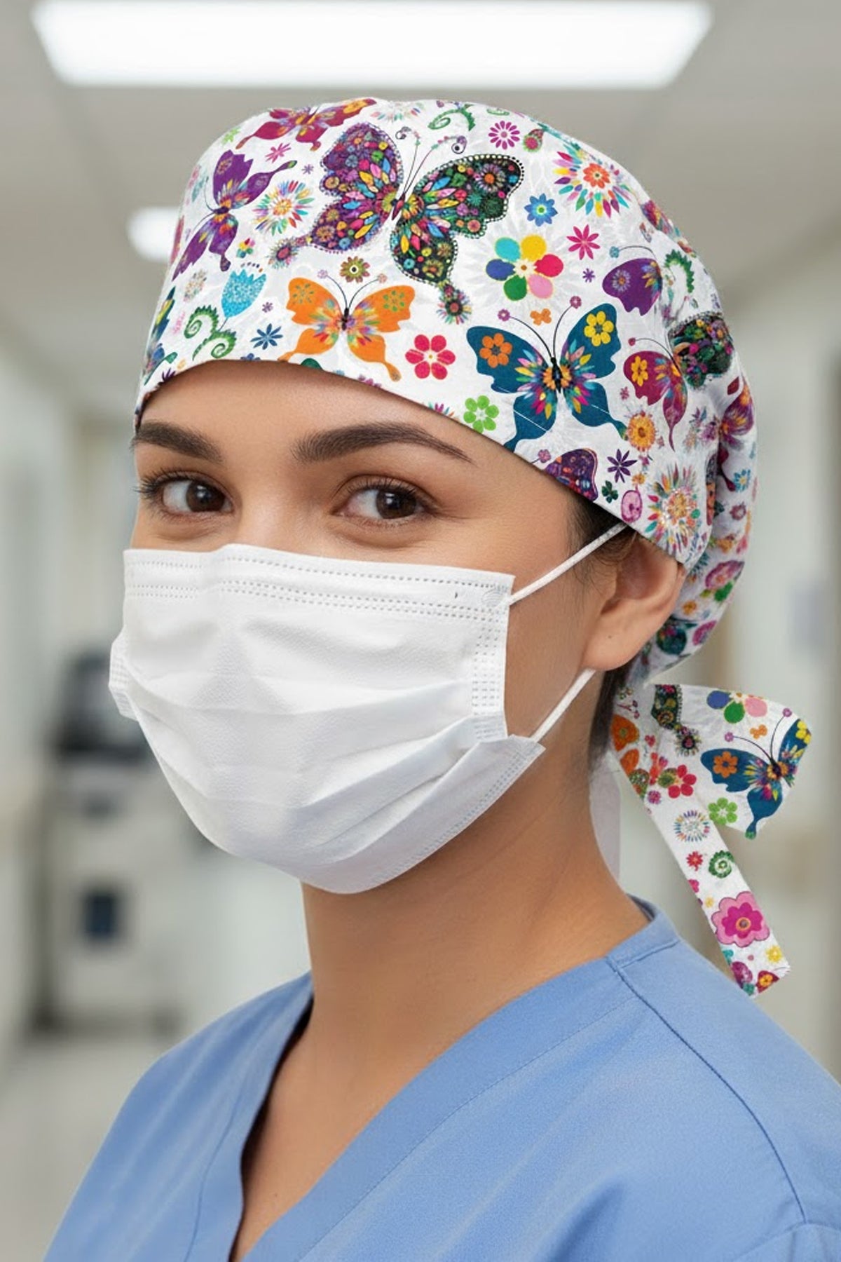 Beyaz Kelebek Desenli Cerrahi Bone Unisex – Likralı Doktor Hemşire Hastane Bonesi Kadın Erkek