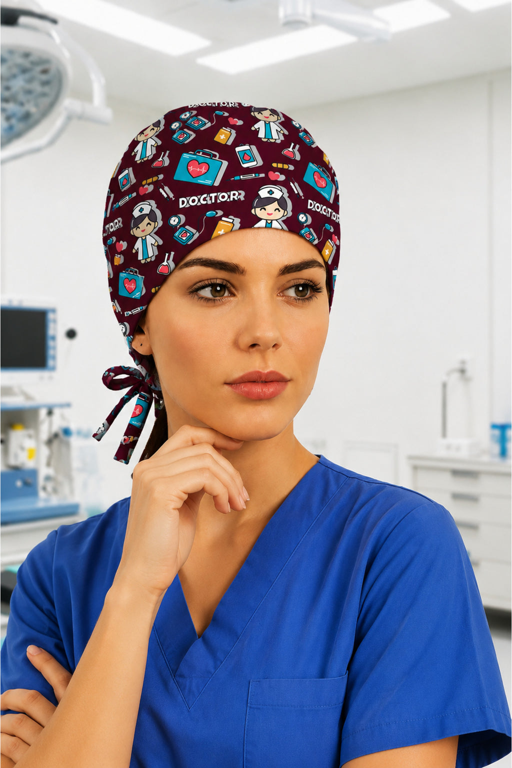 Doktor Kadın Desenli Unisex Cerrahi Bone Hemşire ve Doktor Bone