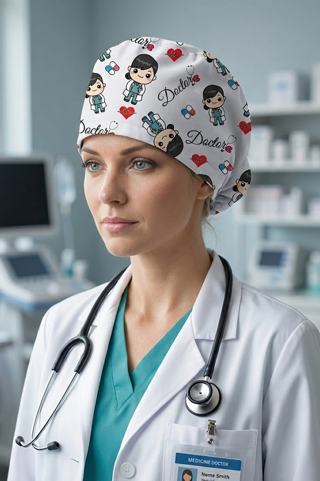Doctor Desenli Cerrahi Bone Unisex – Likralı Doktor Hemşire Bonesi