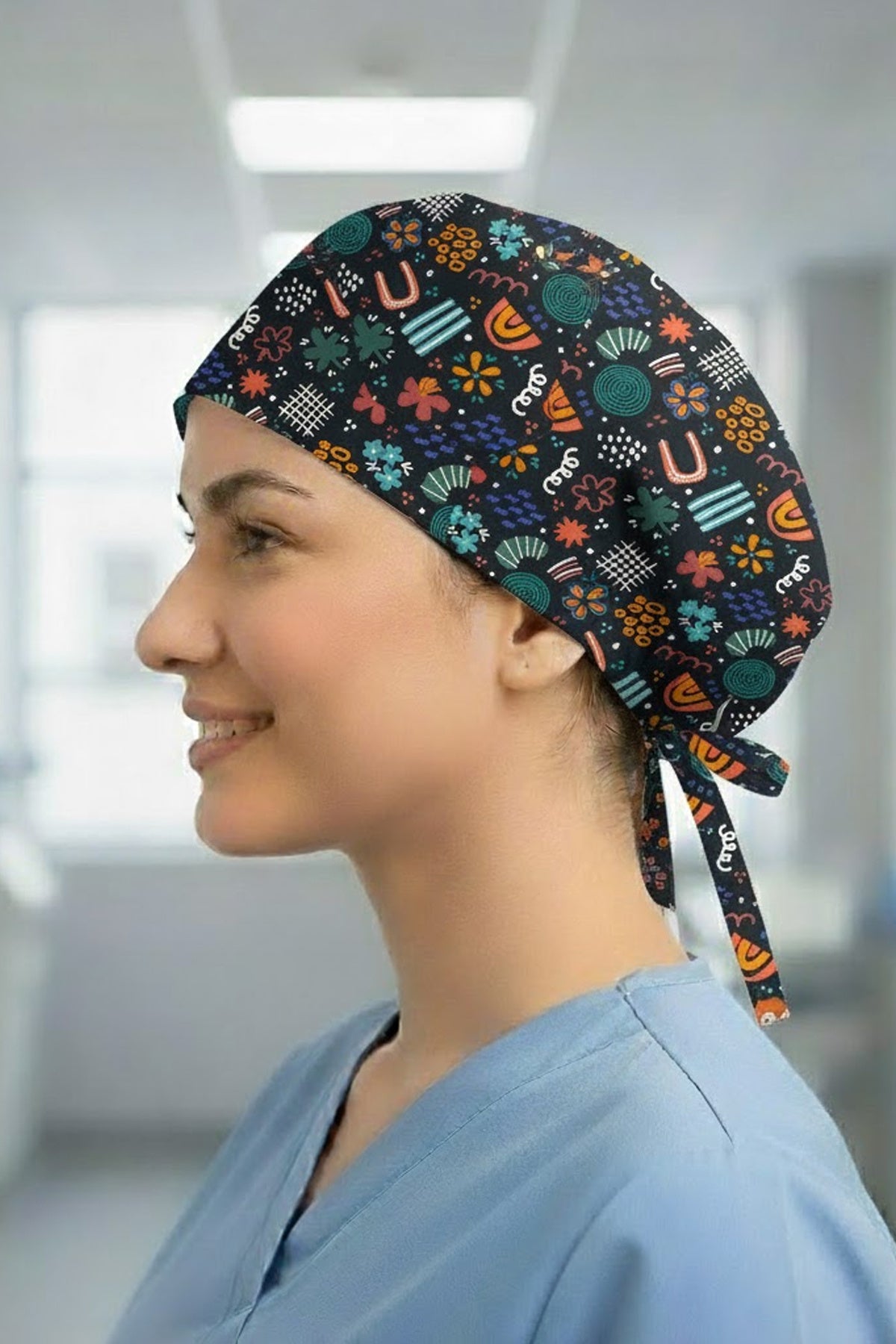 Çiçek Böcek Renkli Desenli Cerrahi Bone Unisex – Likralı Doktor Hemşire Bonesi