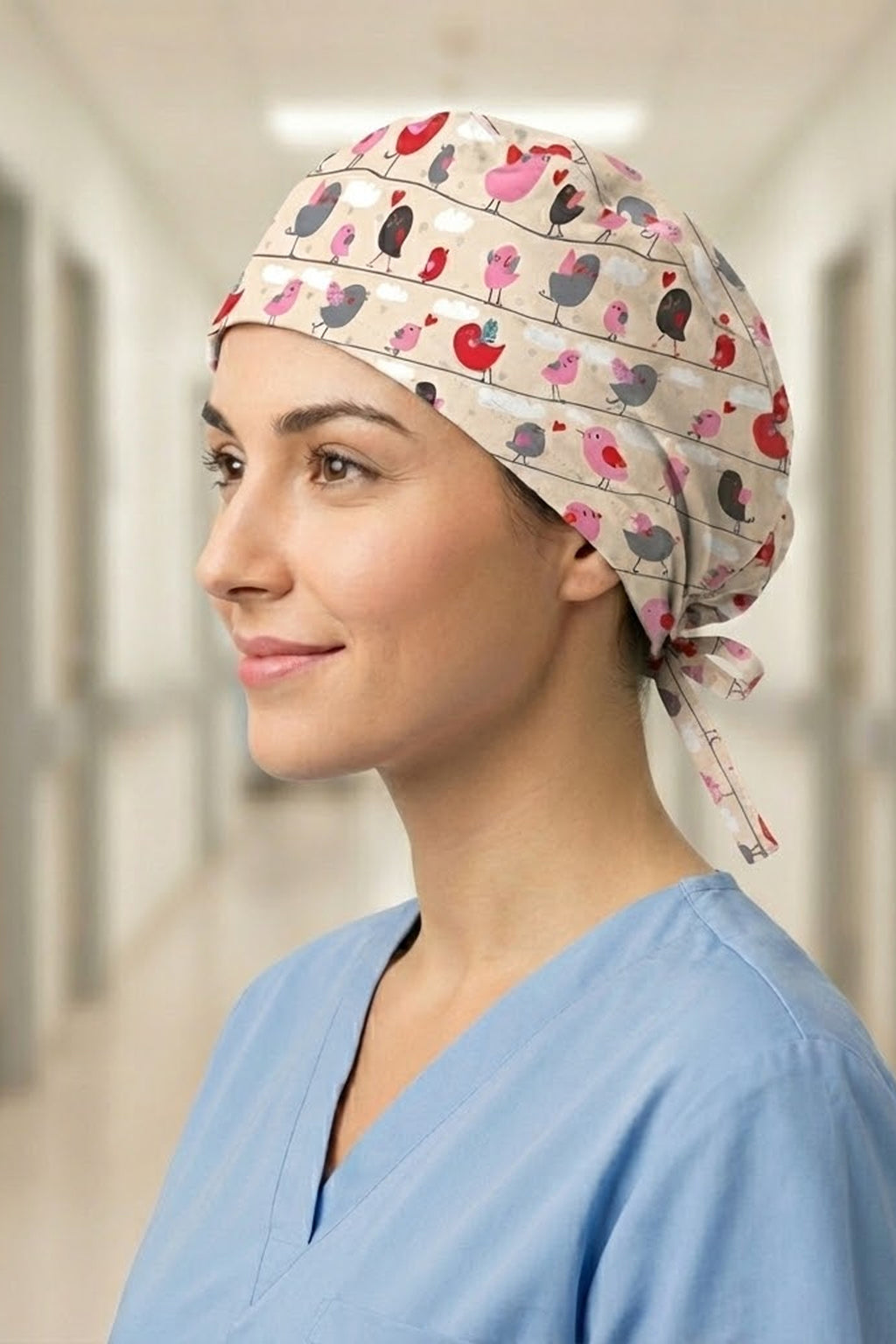 Teldeki Kuş Desenli Unisex Cerrahi Bone Hemşire ve Doktor Bone