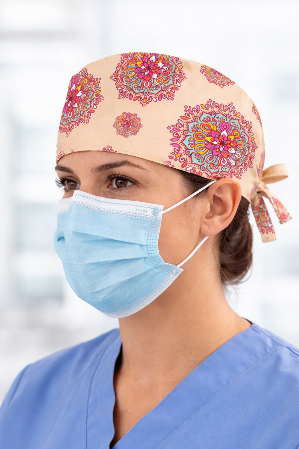 Renkli Mandala Desenli Unisex Cerrahi Bone Hemşire ve Doktor Bone
