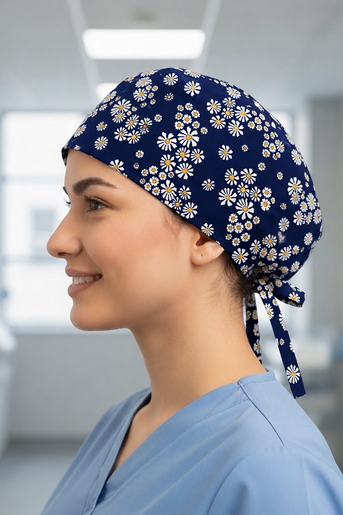 Papatyalar Lacivert Desenli Unisex Cerrahi Bone Hemşire ve Doktor Bone