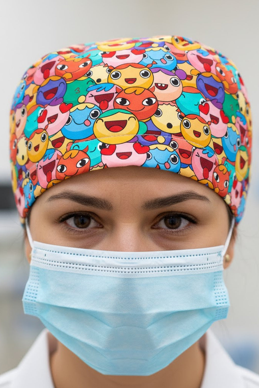 Gülen Renkli Surat Desenli Cerrahi Bone Unisex – Likralı Doktor Hemşire Bonesi